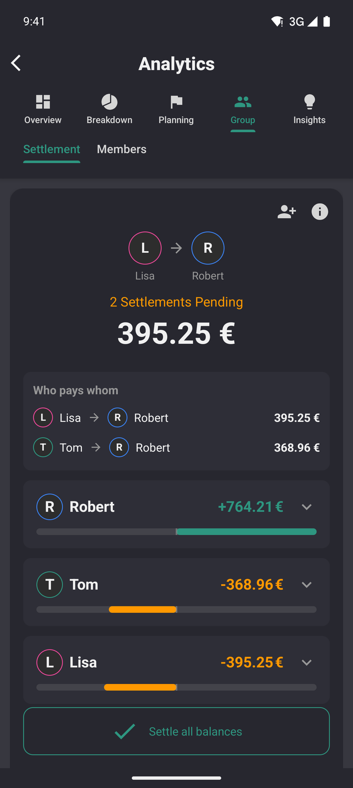 GoodShare: settlement view showing the open balances of three members