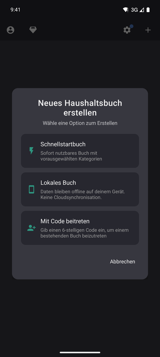 Dialog Neues Buch mit der Option Lokales Buch: Daten bleiben offline auf dem Gerät